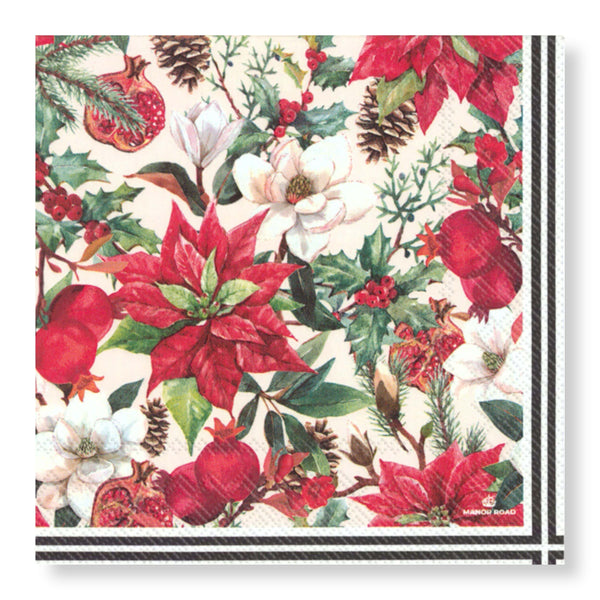Manor Road Poinsettia & Pomegrate Luncheon Napkin 20pk