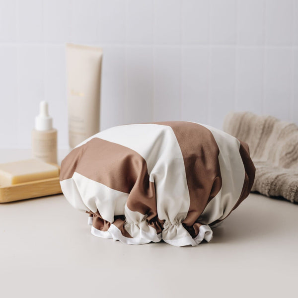 Manor Road Tan Stripe Shower Cap
